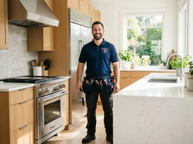 Appliance Repair Hero technician in a Bedford, OH kitchen after an appliance repair