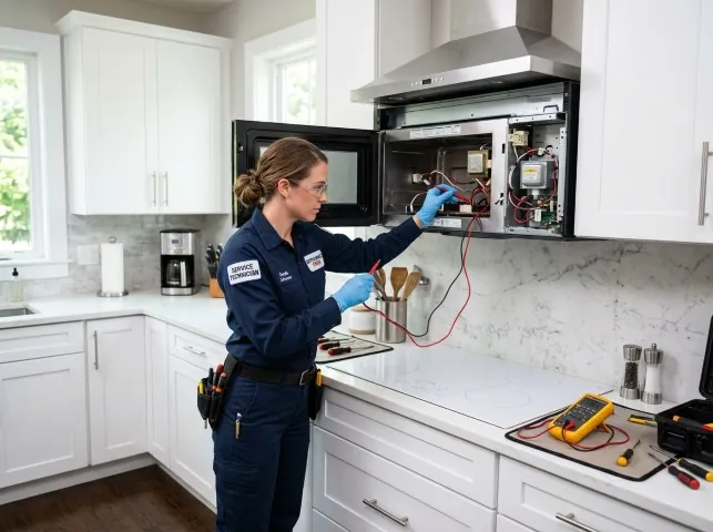 Appliance Repair Hero technician testing an over-the-range microwave in a Bedford, OH kitchen